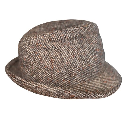 VINTAGE TWEED FEDORA BROWN WOOL SIZE 7 MEDIUM MENS FEATHER & MEDALLION ACCENT - Picture 3 of 6